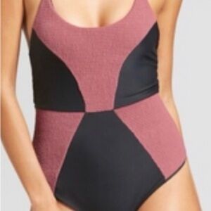 Tori Praver Rose and Black Colorblock One-Piece Swimsuit